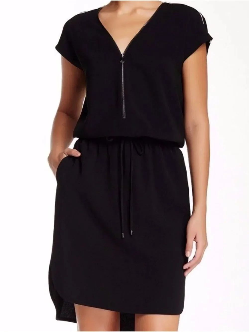 Vince Black Short Sleeve Drawstring Zip Front Dress Sz XS